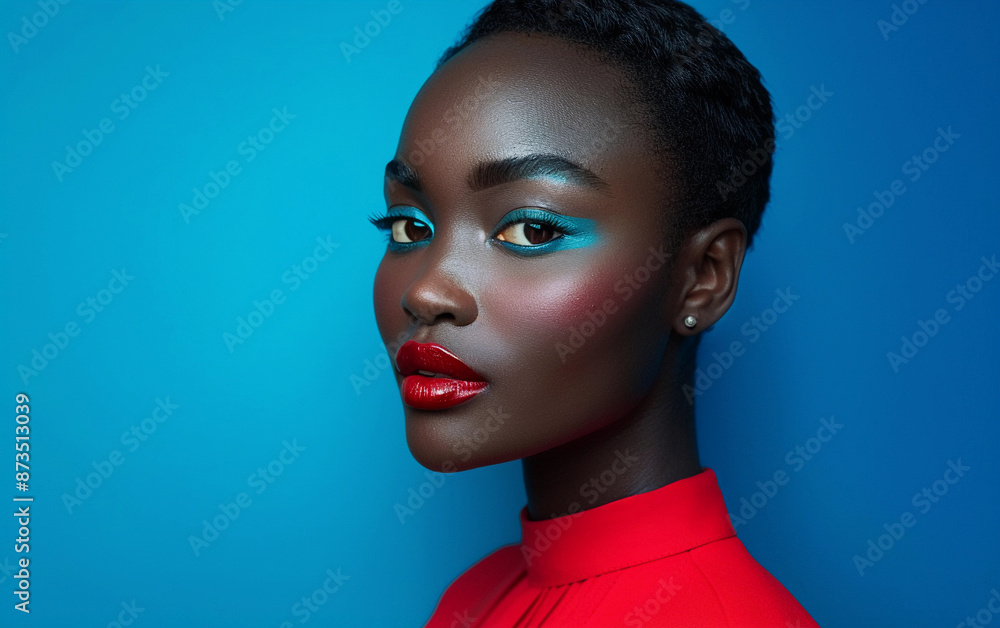 A portrait of a young woman of West African descent, with short black hair, wearing a red shirt and blue eyeshadow A portrait of a young woman of West African descent, with short black hair, wearing a red shirt and blue eyeshadow
