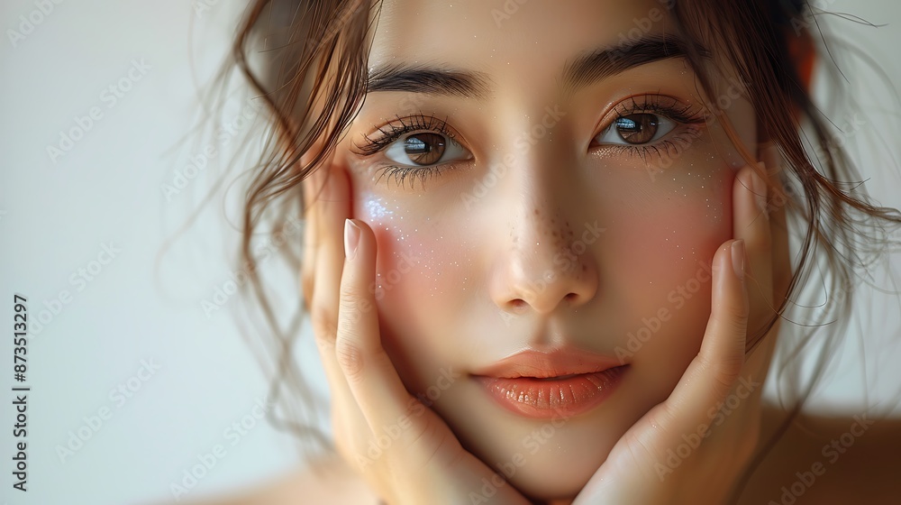 Close-up portrait of young Asian beautiful woman with K-beauty make up style and healthy and perfect skin isolated on beige background for skincare commercial product advertising. Close-up portrait of young Asian beautiful woman with K-beauty make up style and healthy and perfect skin isolated on beige background for skincare commercial product advertising.