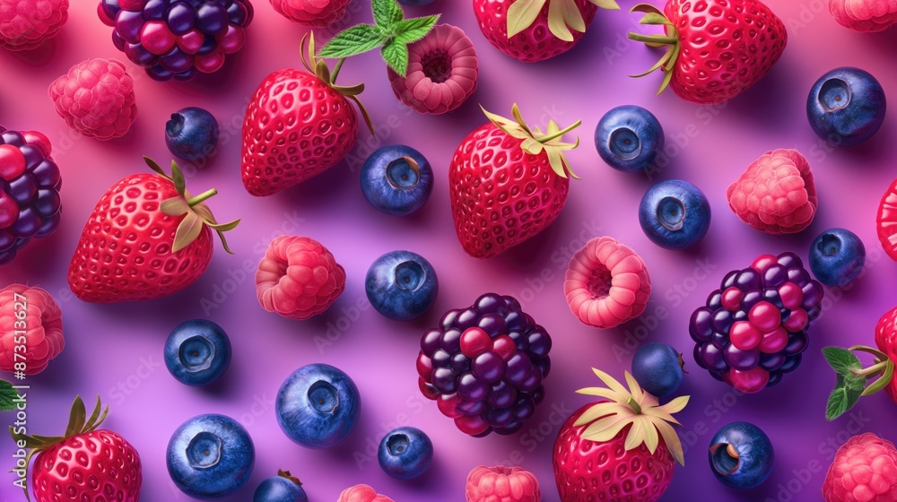 Berry background with strawberries, blackberries, blueberries and raspberries on purple background Berry background with strawberries, blackberries, blueberries and raspberries on purple background