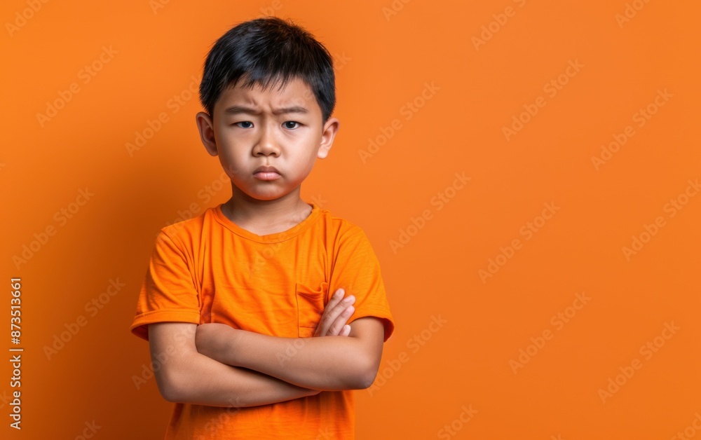 A young Southeast Asian child with short, dark hair stands in front of an orange background, arms crossed, looking directly at the camera with a serious expression A young Southeast Asian child with short, dark hair stands in front of an orange background, arms crossed, looking directly at the camera with a serious expression