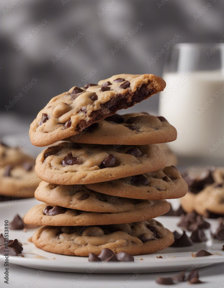 chocolate chip cookies on a white plate, commercial shoot chocolate chip cookies on a white plate, commercial shoot