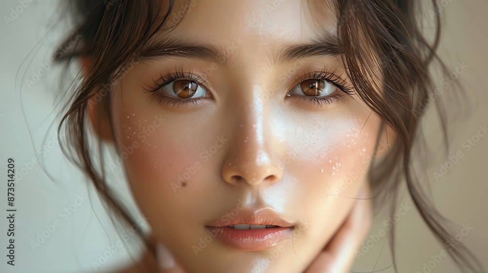 Close-up portrait of young Asian beautiful woman with K-beauty make up style and healthy and perfect skin isolated on beige background for skincare commercial product advertising. Close-up portrait of young Asian beautiful woman with K-beauty make up style and healthy and perfect skin isolated on beige background for skincare commercial product advertising.