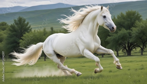  In the expansive green pasture, a magnificent white stallion gallops freely, its mane flowing like a banner of freedom in the wind, digital illustration created with generative ai. 