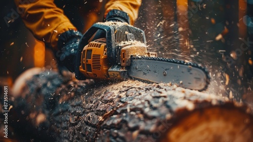 sawing a tree trunk with a chainsaw