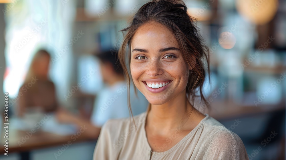 A cheerful woman stands in an office environment, her bright smile reflecting a positive, engaged, and harmonious workplace. A cheerful woman stands in an office environment, her bright smile reflecting a positive, engaged, and harmonious workplace.