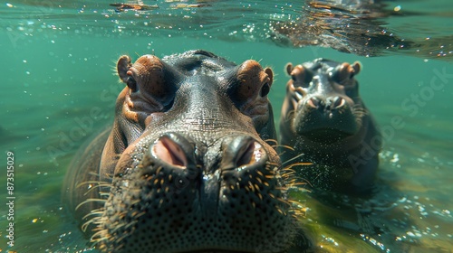 Hippopotamus underwater, two hippos