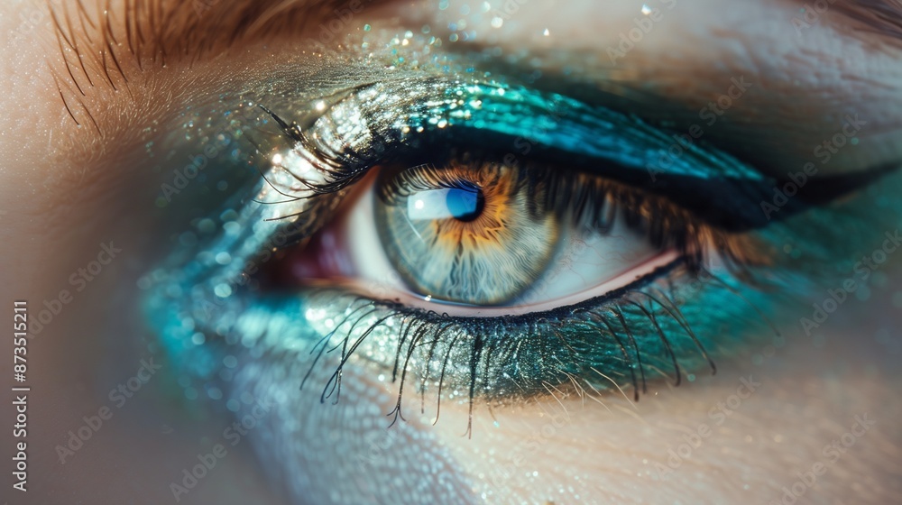 Cosmetics, macro eye make-up. Fashion sea shadows. Cosmetics and beauty care. Macro close-up of beautiful green female eye with bright fashion make-up. Sparkling marine eyeshadows and black eyelashes Cosmetics, macro eye make-up. Fashion sea shadows. Cosmetics and beauty care. Macro close-up of beautiful green female eye with bright fashion make-up. Sparkling marine eyeshadows and black eyelashes