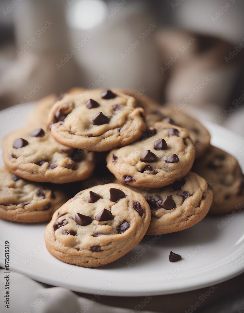 chocolate chip cookies on a white plate, commercial shoot chocolate chip cookies on a white plate, commercial shoot