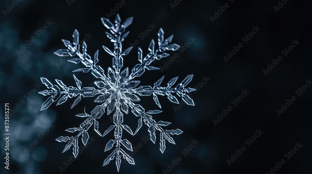 Macro image of a beautiful snowflake on a dark background with copy space. Winter background Macro image of a beautiful snowflake on a dark background with copy space. Winter background