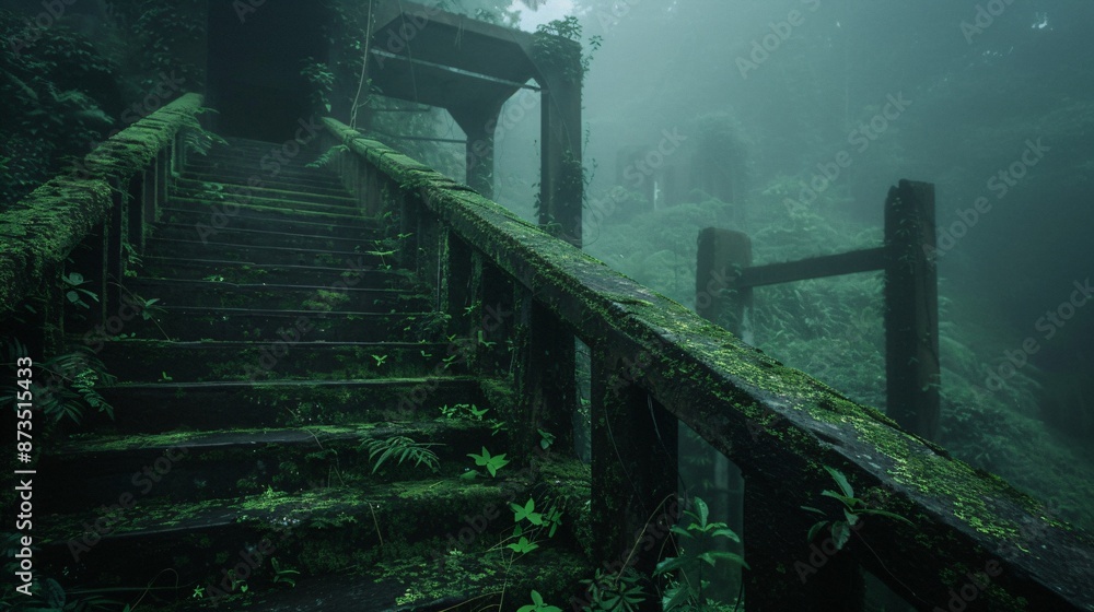 Fototapeta premium old forgotten overgrown industrial ruins with stair, rainforest lost place