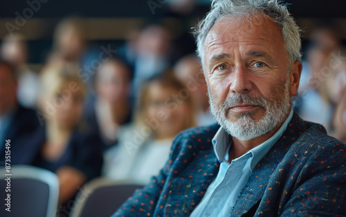 An elderly man in a blue blazer and light blue shirt sits in a conference room, facing the camera. Other attendees are blurred in the background © imagineRbc