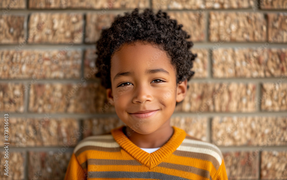 A young Black child with curly hair is wearing a yellow and white striped sweater and smiling at the camera while standing in front of a brick wall A young Black child with curly hair is wearing a yellow and white striped sweater and smiling at the camera while standing in front of a brick wall