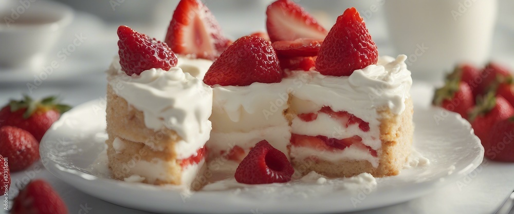 A scrumptious dessert with layers of cake adorned with strawberries and whipped cream, accompanied by fresh red berry slices arranged in a visually appealing manner on the plate. A scrumptious dessert with layers of cake adorned with strawberries and whipped cream, accompanied by fresh red berry slices arranged in a visually appealing manner on the plate.
