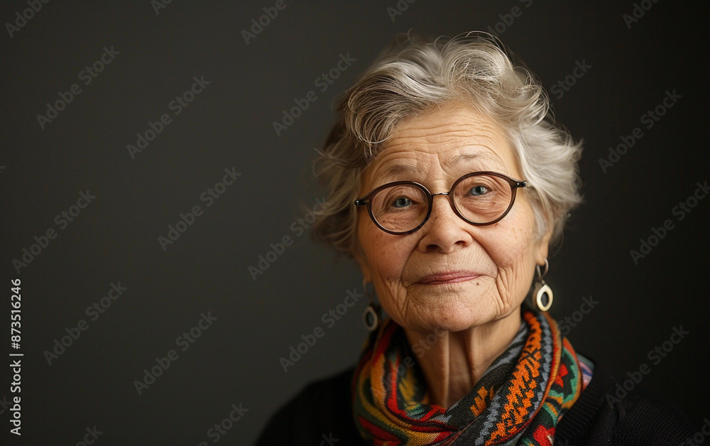 A close-up portrait of an elderly woman with short, gray hair, wearing glasses and a colorful scarf. She has a kind expression on her face A close-up portrait of an elderly woman with short, gray hair, wearing glasses and a colorful scarf. She has a kind expression on her face