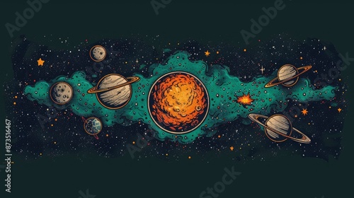  A star-shaped space scene with planets, stars and a comet on the surface of an atom in a vector style sticker design,