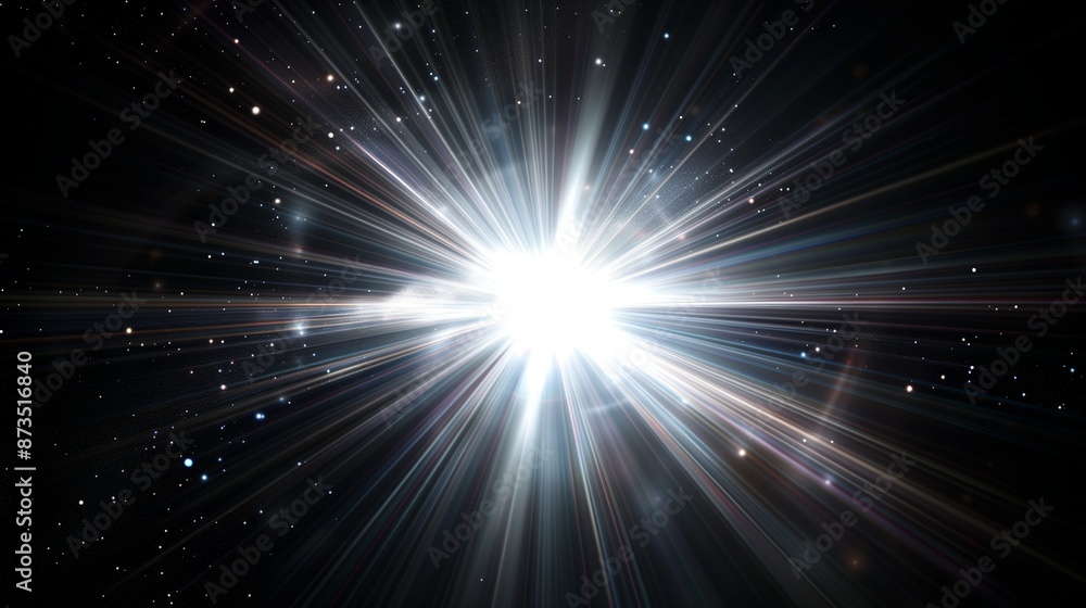 Naklejka premium Dynamic white Celestial Explosion set. Black Background with Glowing silver Sunburst, Digital Lens Flare, and Color-Adjusted Light Rays