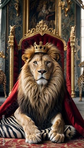 lion sits on the royal throne in a red cloak with a crown on his head  © Ruslan