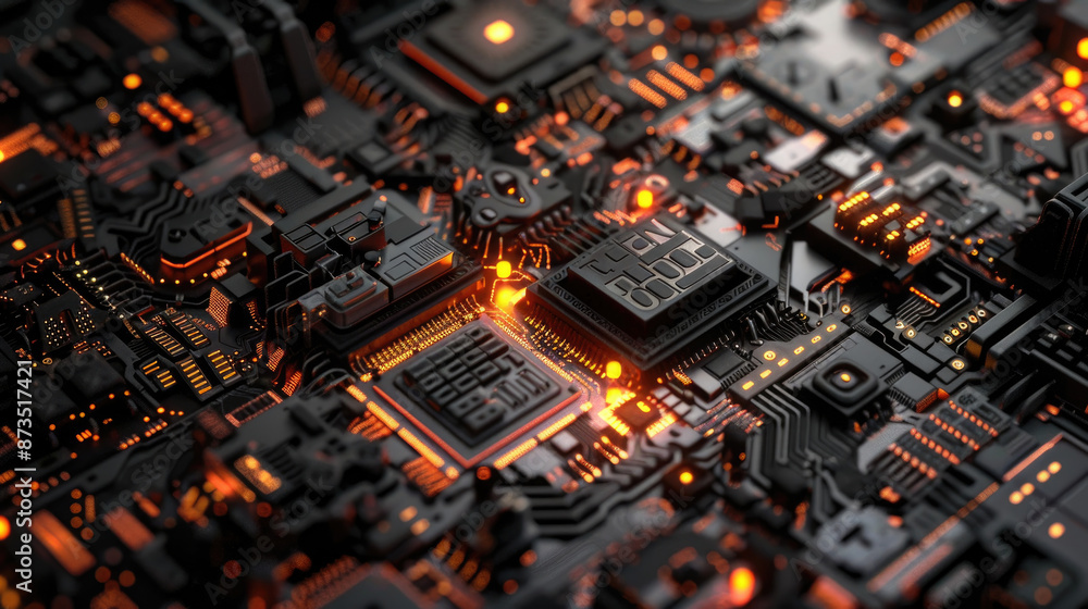 A close-up view of a circuit board with multiple integrated circuits, illuminated with glowing orange lights A close-up view of a circuit board with multiple integrated circuits, illuminated with glowing orange lights