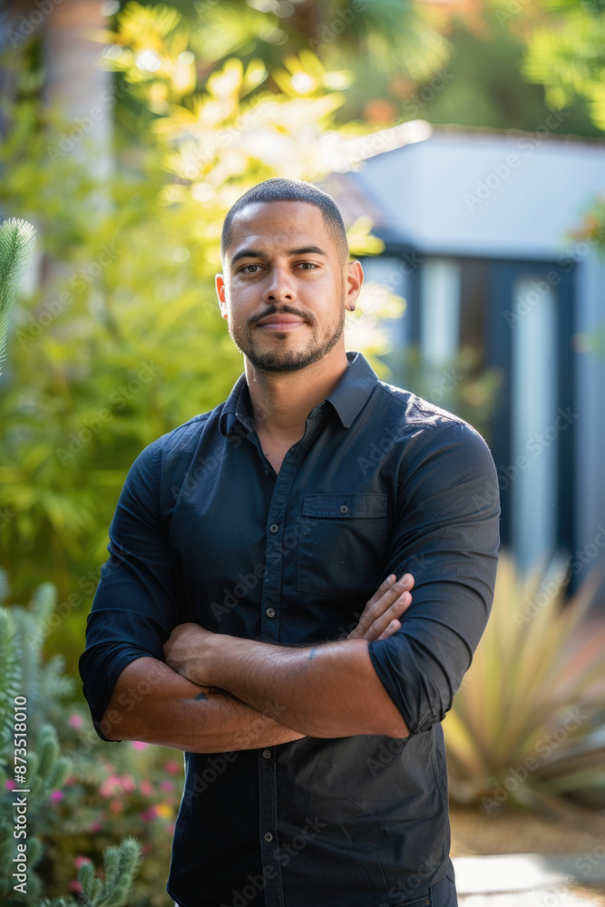 Obraz premium A man in a black button-down shirt stands outside with his arms crossed