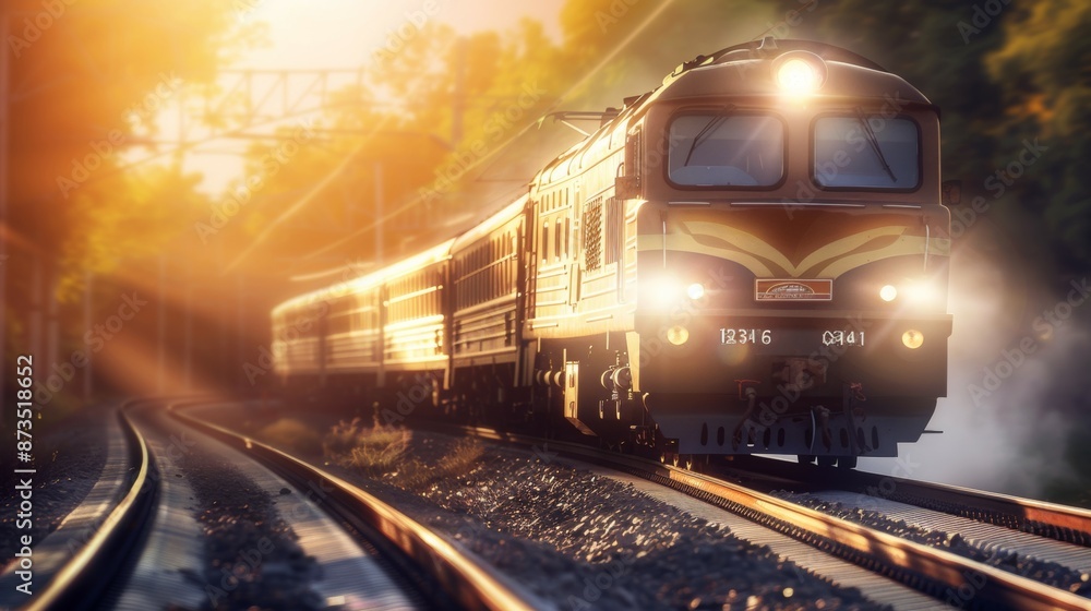 A train is traveling down the tracks with the sun shining on it A train is traveling down the tracks with the sun shining on it