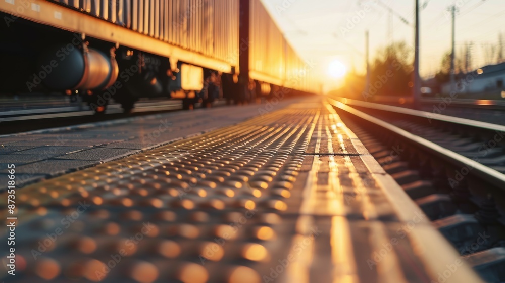 A train is parked on the tracks with the sun shining on it A train is parked on the tracks with the sun shining on it