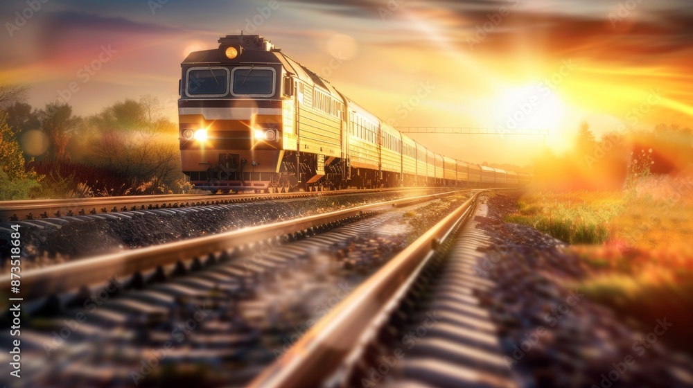 A train is traveling down the tracks with the sun shining on it A train is traveling down the tracks with the sun shining on it