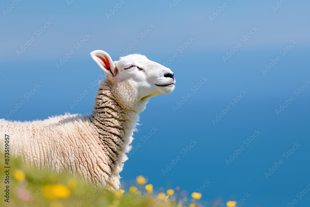 Fototapeta premium side portrait of a sheep looking to the sky