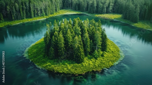 Aerial View of a Lush Island in a Turquoise Lake photo