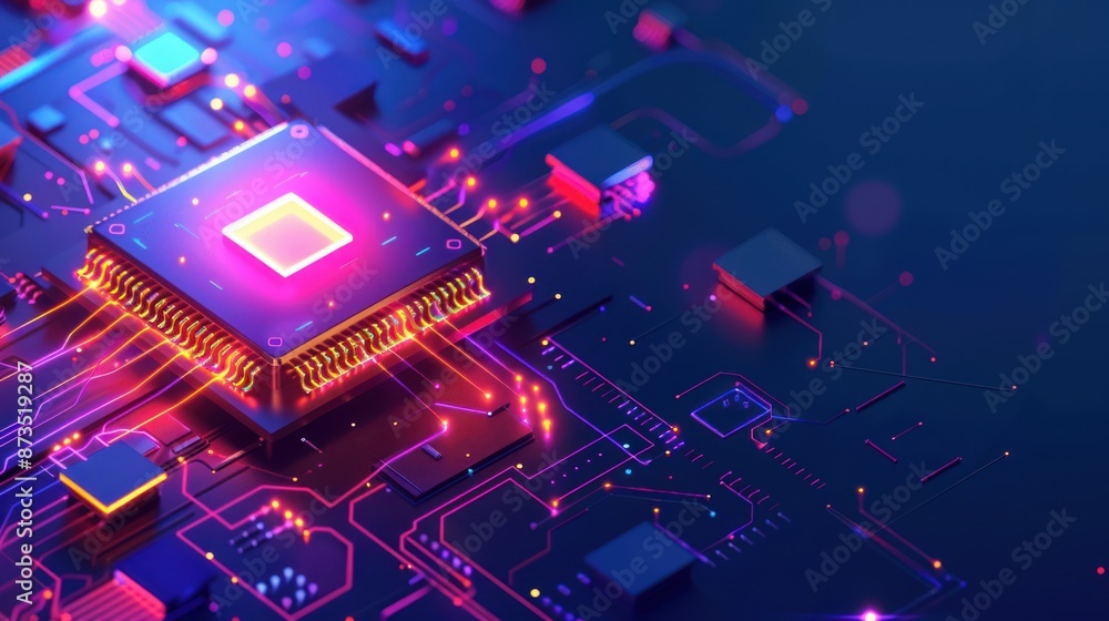 Close-up of a glowing CPU on a circuit board Close-up of a glowing CPU on a circuit board