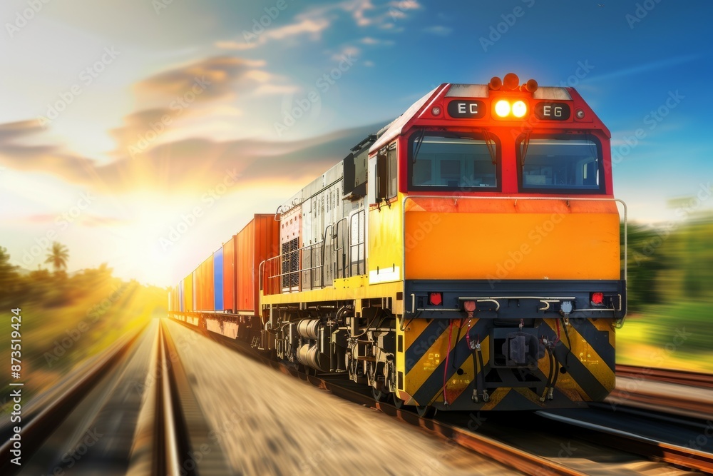 A train is traveling down the tracks with a bright orange and yellow engine A train is traveling down the tracks with a bright orange and yellow engine