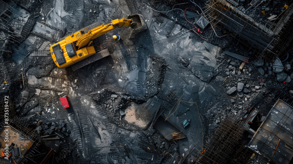 An excavator digs into the ground at a construction site An excavator digs into the ground at a construction site