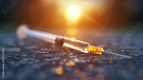 A syringe is on the ground with the sun shining on it