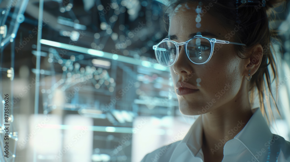 A woman with glasses looks intently at a digital interface with glowing lines and data A woman with glasses looks intently at a digital interface with glowing lines and data
