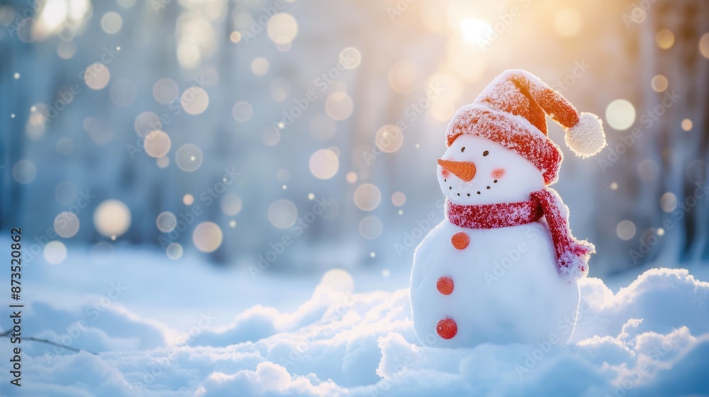Φωτογραφία Cute happy little snowman wearing red hat and scarf in a sunny winter park copy space