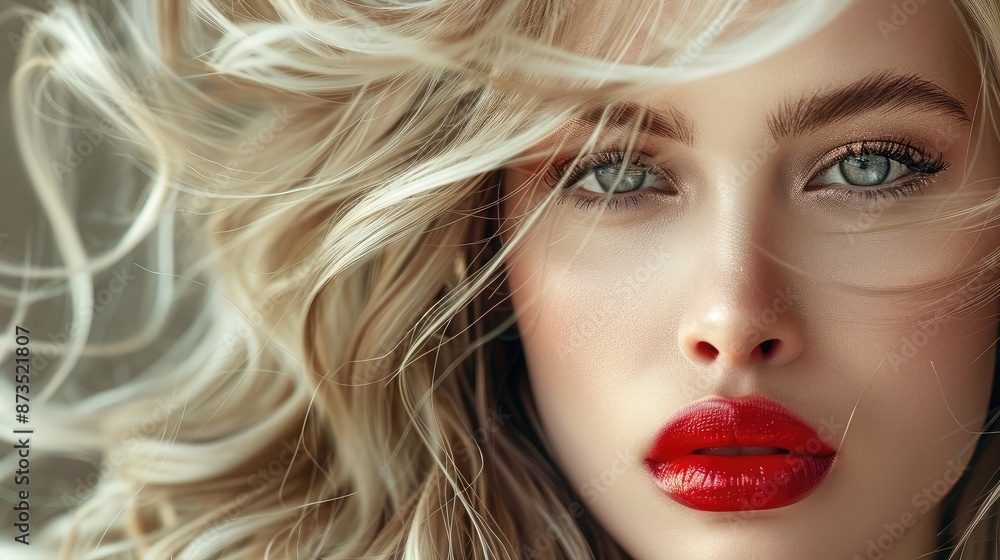 Fototapeta premium Beauty portrait of a girl with ultra blond hair, showcasing a sophisticated hairstyle and makeup for a fashion and cosmetic concept