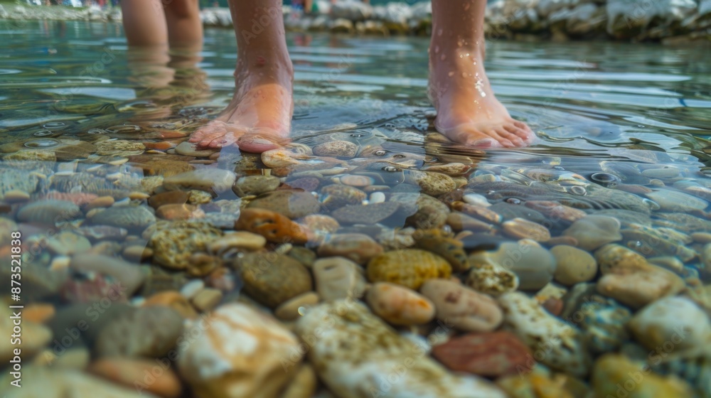 Small pebbles and smooth stones line the bottom of the shallow lake massaging the bathers feet as they soak in the frigid water. Small pebbles and smooth stones line the bottom of the shallow lake massaging the bathers feet as they soak in the frigid water.