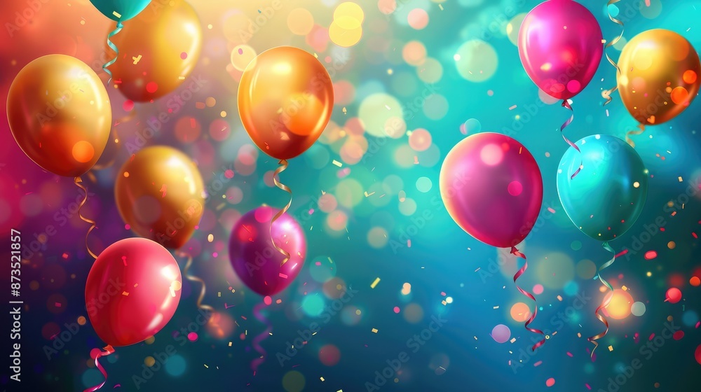 Birthday celebration scene with realistic balloons in vibrant colors, setting the mood for a joyful and festive occasion Birthday celebration scene with realistic balloons in vibrant colors, setting the mood for a joyful and festive occasion