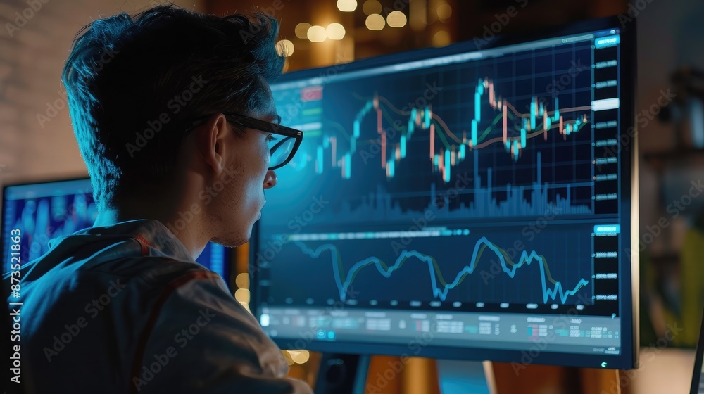 Businessman analyzing rising stock charts and financial graphs on a computer screen, highlighting investment strategies and market trends Businessman analyzing rising stock charts and financial graphs on a computer screen, highlighting investment strategies and market trends
