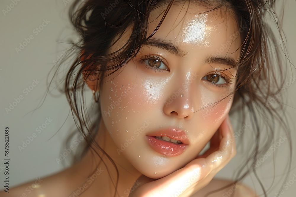 Close-up portrait of young Asian beautiful woman with K-beauty make up style and healthy and perfect skin isolated on beige background for skincare commercial product advertising. Close-up portrait of young Asian beautiful woman with K-beauty make up style and healthy and perfect skin isolated on beige background for skincare commercial product advertising.