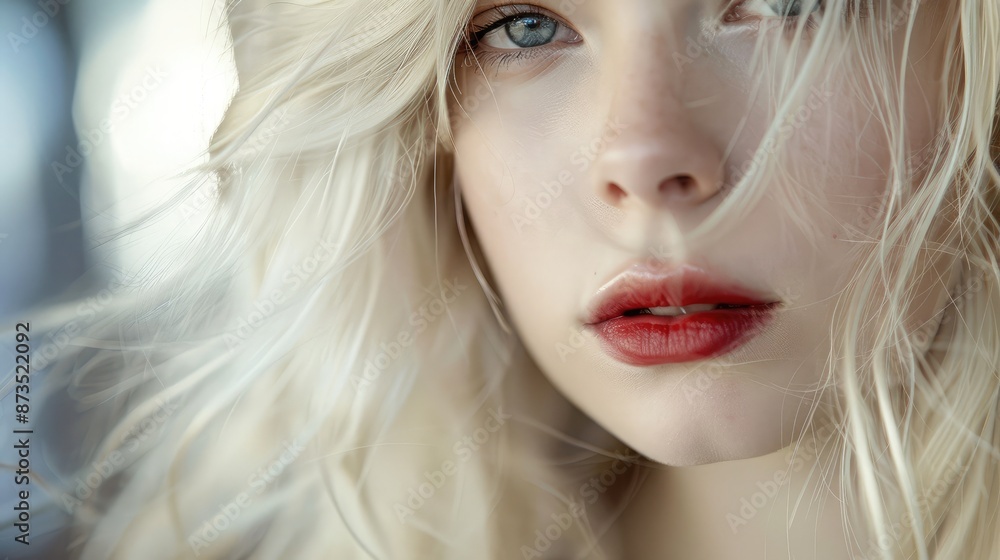 Close-up of a young woman with stunning ultra blond hair, styled elegantly in a beauty salon setting, highlighting fashion and cosmetics trends Close-up of a young woman with stunning ultra blond hair, styled elegantly in a beauty salon setting, highlighting fashion and cosmetics trends