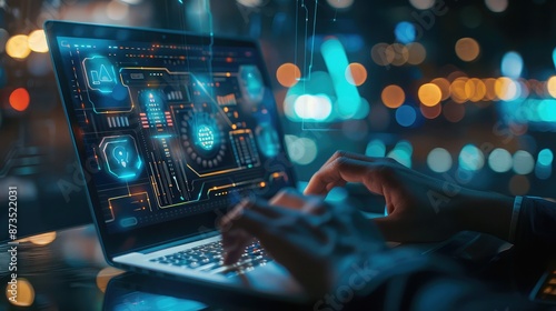 Close-up of a man's hands typing on a laptop, searching for information on smart Open AI, with digital graphics of AI and technology in the background