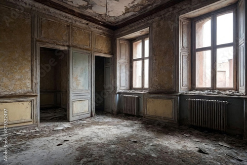 Background of old interior of an abandoned communal apartment, dirty room, rotten peeling walls. Old Soviet Russian past of poor interior. Scuffed floor. Stripped wallpaper on the wall. Repair concept