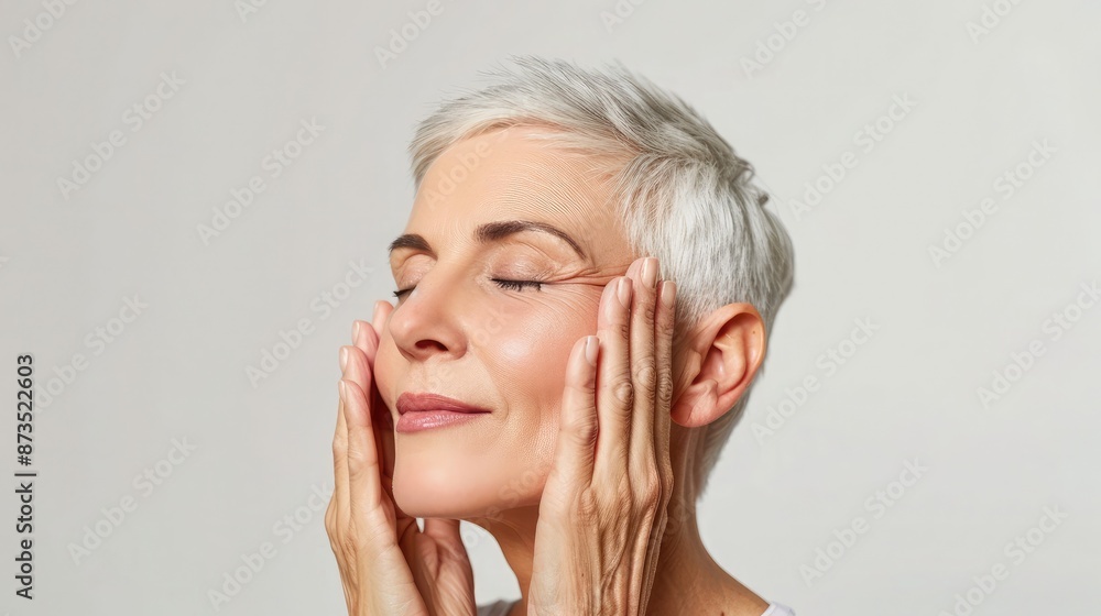 Gorgeous senior woman with closed eyes gently touching her perfect skin, showcasing the results of anti-aging facial lift products, isolated on white Gorgeous senior woman with closed eyes gently touching her perfect skin, showcasing the results of anti-aging facial lift products, isolated on white