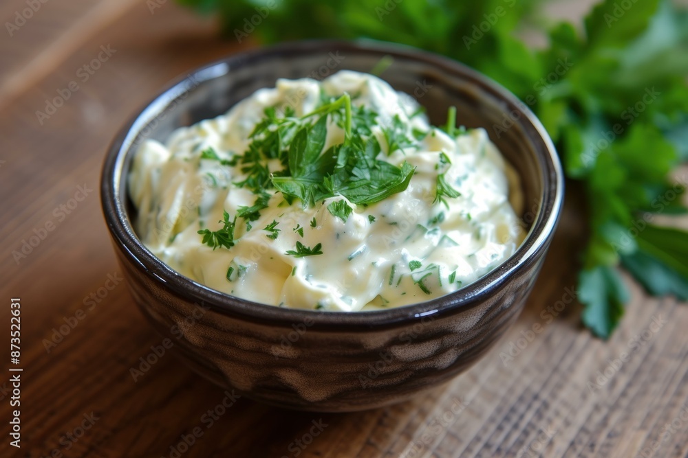 Close-up of creamy tartar sauce garnished with parsley in a rustic bowl on a wooden table Close-up of creamy tartar sauce garnished with parsley in a rustic bowl on a wooden table