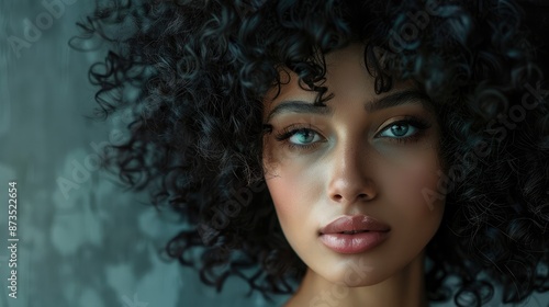Wallpaper Mural Graceful young woman with radiant dark curly hair and impeccable makeup, captured in a stylish portrait on a grey background Torontodigital.ca