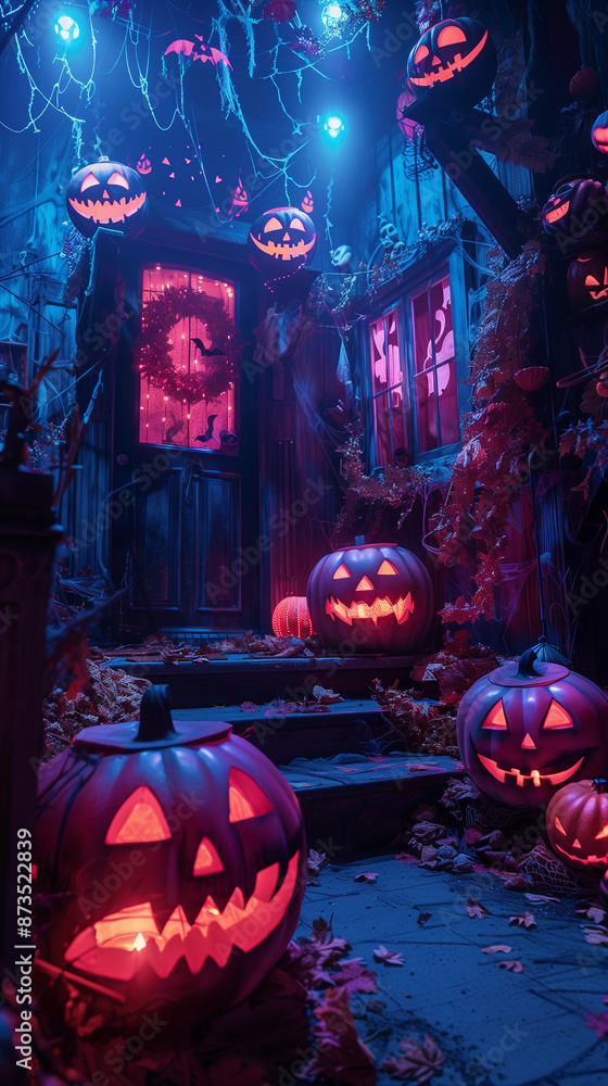 background halloween illustration pumpkin horror house blue light night