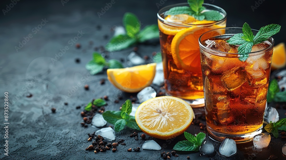 Cuba Libre or long island iced tea cocktail with strong drinks, cola, lime and ice in glass Cuba Libre or long island iced tea cocktail with strong drinks, cola, lime and ice in glass