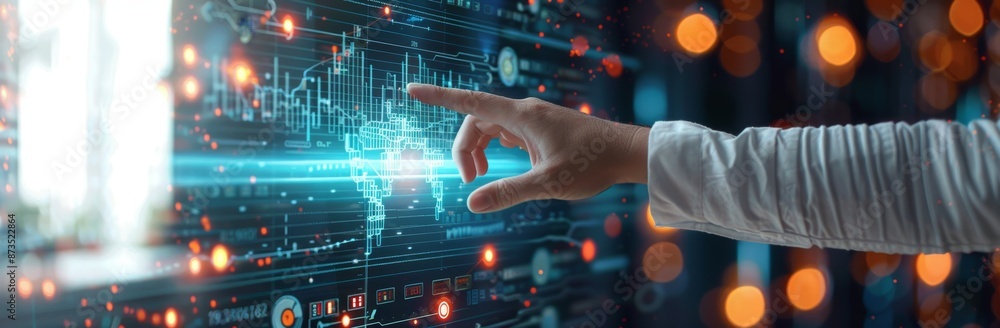 Businessman touching a virtual screen with business data and graphs on a transparent background, in a closeup shot. Business concept for online trading or financial technology. Businessman touching a virtual screen with business data and graphs on a transparent background, in a closeup shot. Business concept for online trading or financial technology.