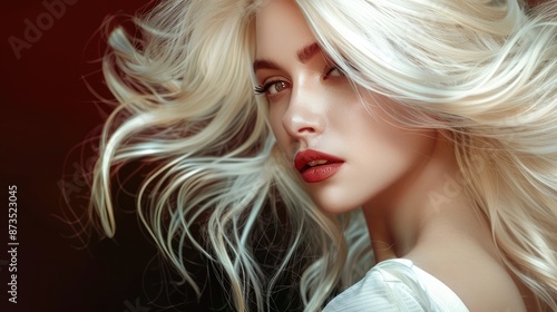 Stylish portrait of a beautiful girl with ultra blond hair coloring, showcasing a trendy hairstyle from a beauty salon with fashion and makeup elements