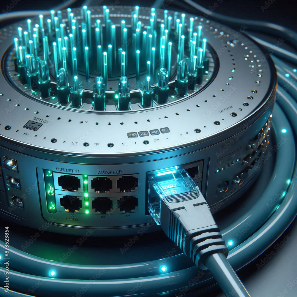 Modern cat 6 ethernet cable plugged into network router